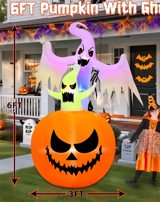 Firstness 6ft Tall Halloween Inflatable, Pumpkin Ghost with LED Light Flashing for Halloween Outdoor Holiday Yard Decorations