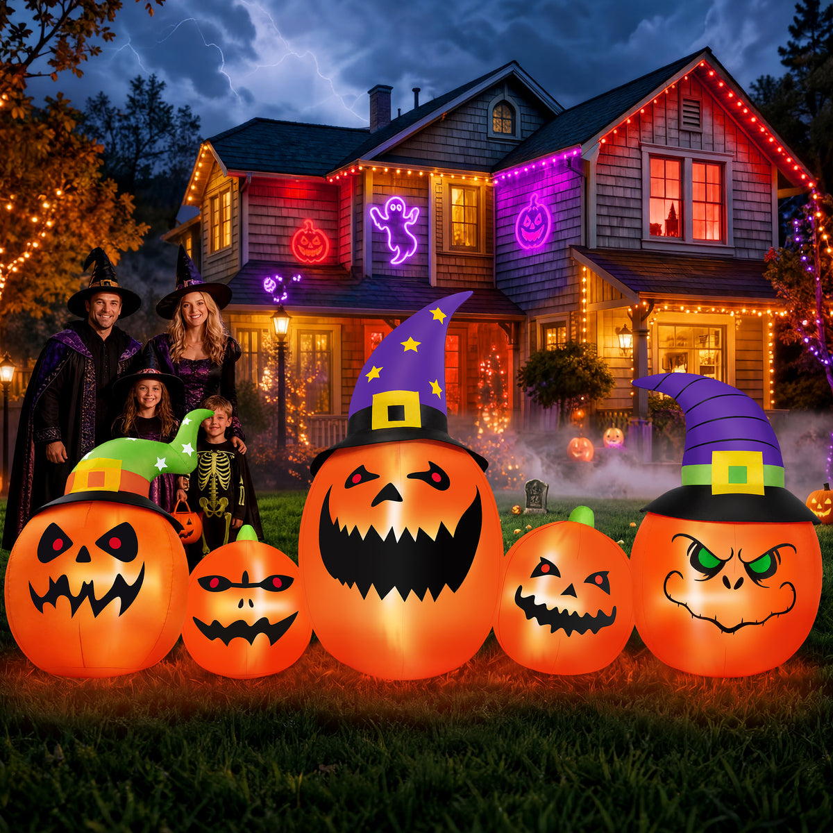 Firstness 8FT Halloween Inflatable Pumpkins Ghost Cat with Lights,Blow ups Outdoor Decorations for Yard