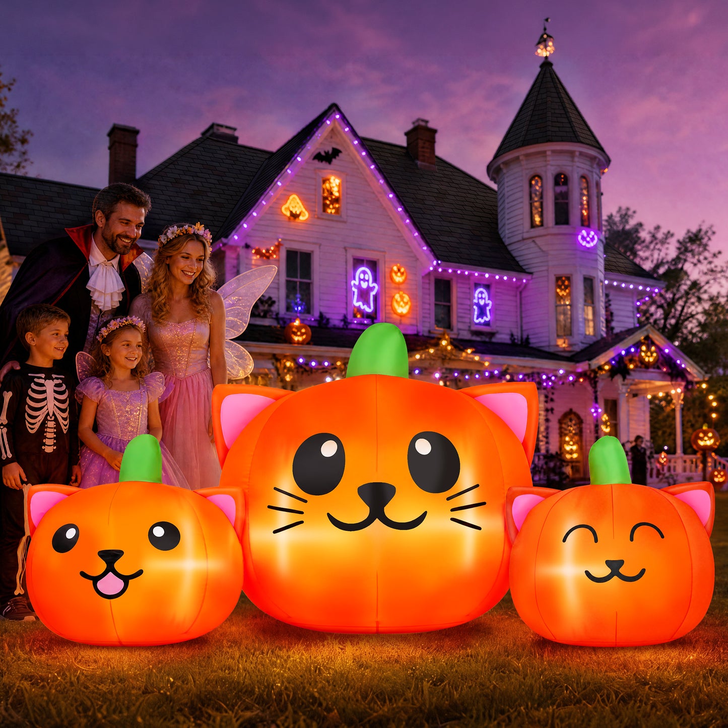 Firstness 6FT Long Halloween Inflatable Pumpkins Cat Outdoor Decorations,3 Pumpkins with Lights for Party Yard