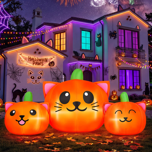 Firstness 6FT Long Halloween Inflatable Pumpkins Cat Outdoor Decorations,3 Pumpkins with Lights for Party Yard