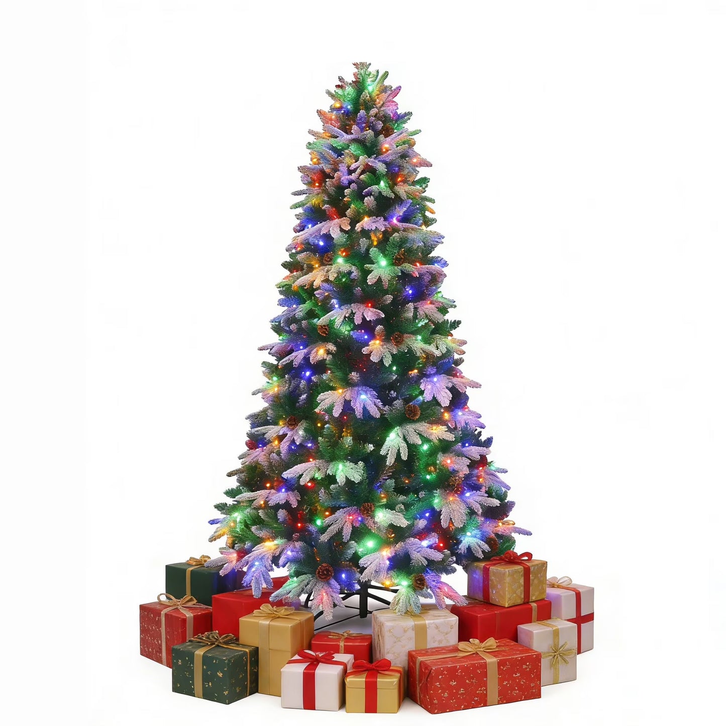 Firstness 6ft Christmas Tree PE Flocked Artificial Christmas Tree with Colorful Lights,Green White