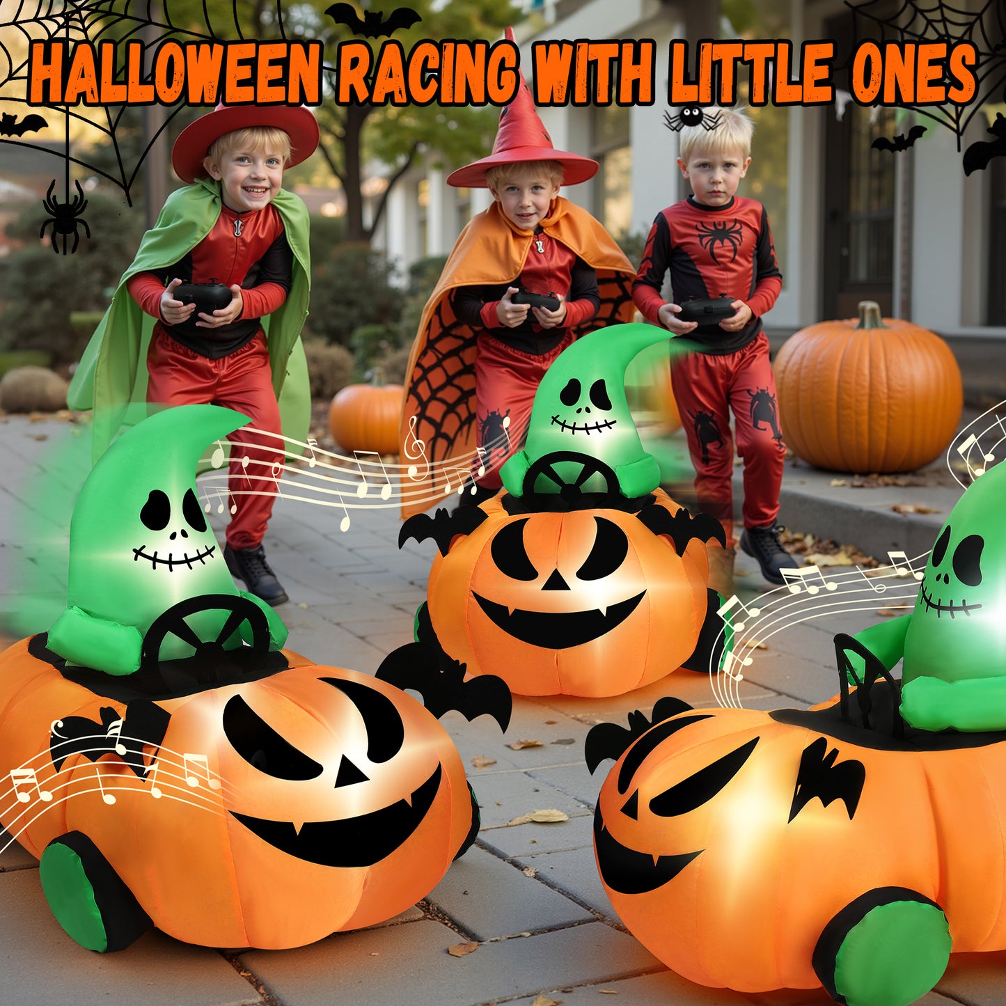 Firstness 2.6ft Halloween Inflatable with Music and Lights,Remote Control Pumpkin Ghost Car,Blow ups Rc Car,Indoor Outdoor,Orange Green