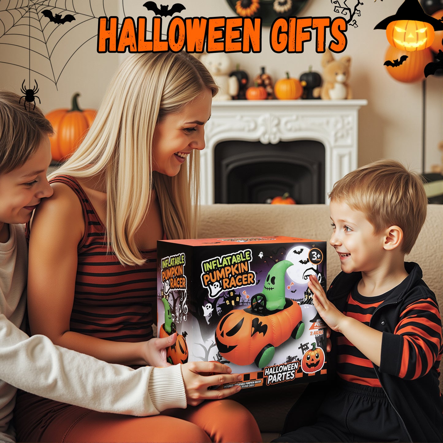 Firstness 2.6ft Halloween Inflatable with Music and Lights,Remote Control Pumpkin Ghost Car,Blow ups Rc Car,Indoor Outdoor,Orange Green