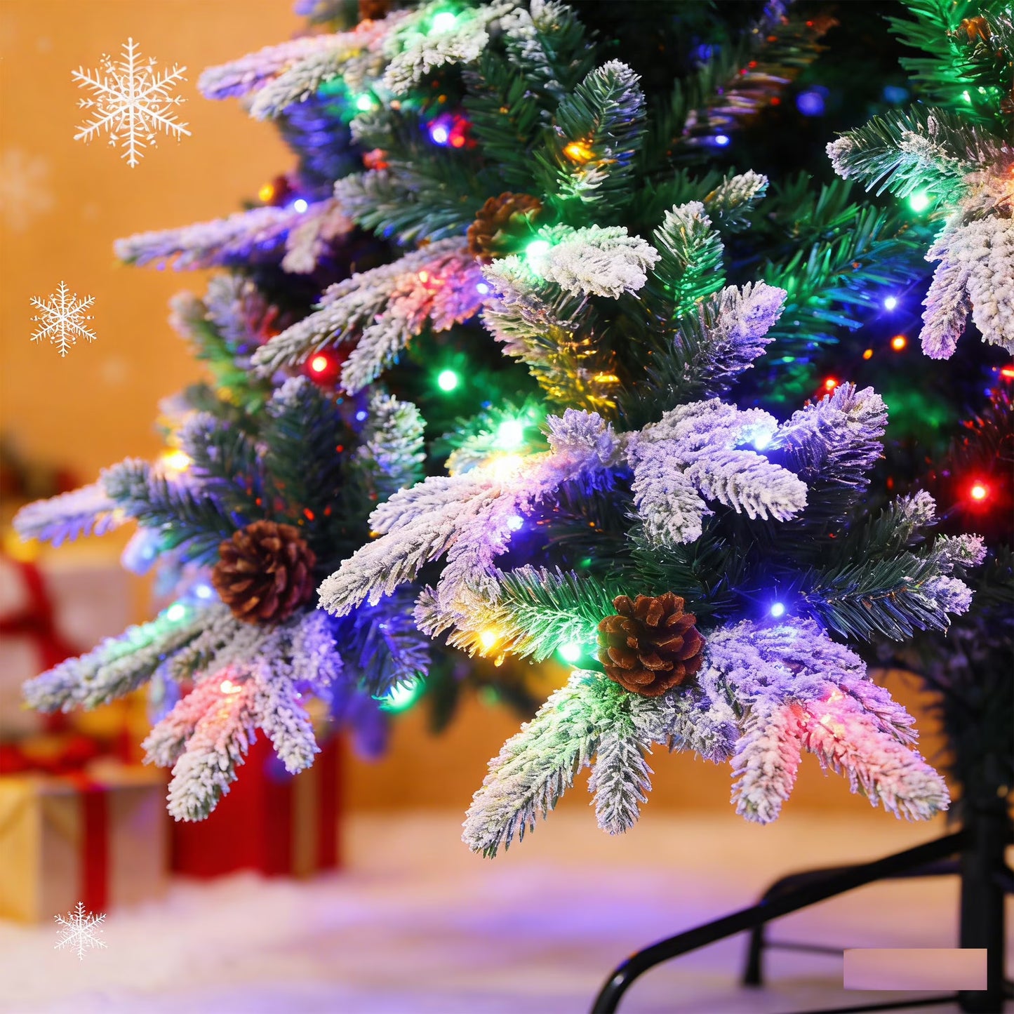 Firstness 6ft Christmas Tree PE Flocked Artificial Christmas Tree with Colorful Lights,Green White