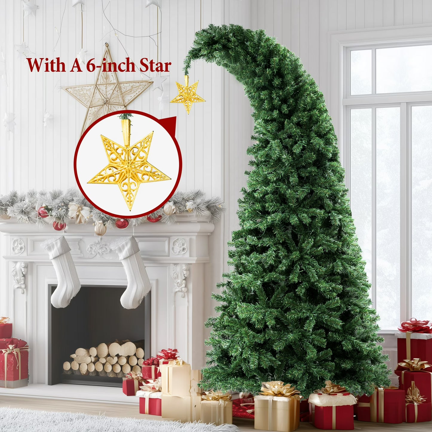 6/7.5FT Christmas Tree Crooked Neck, Prelit Artificial Xmas Tree with 600 Colorful Lights & 11 Modes, 1200 Branch Tips, PVC Bendable Top Christmas Tree for Home, Shop, Office, School Holiday Decor