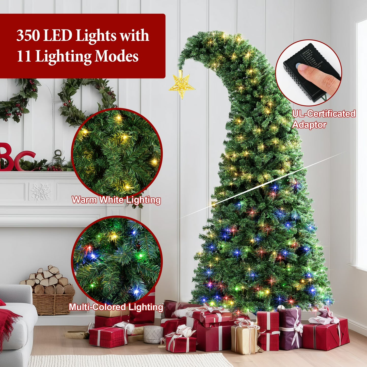 6/7.5FT Christmas Tree Crooked Neck, Prelit Artificial Xmas Tree with 600 Colorful Lights & 11 Modes, 1200 Branch Tips, PVC Bendable Top Christmas Tree for Home, Shop, Office, School Holiday Decor