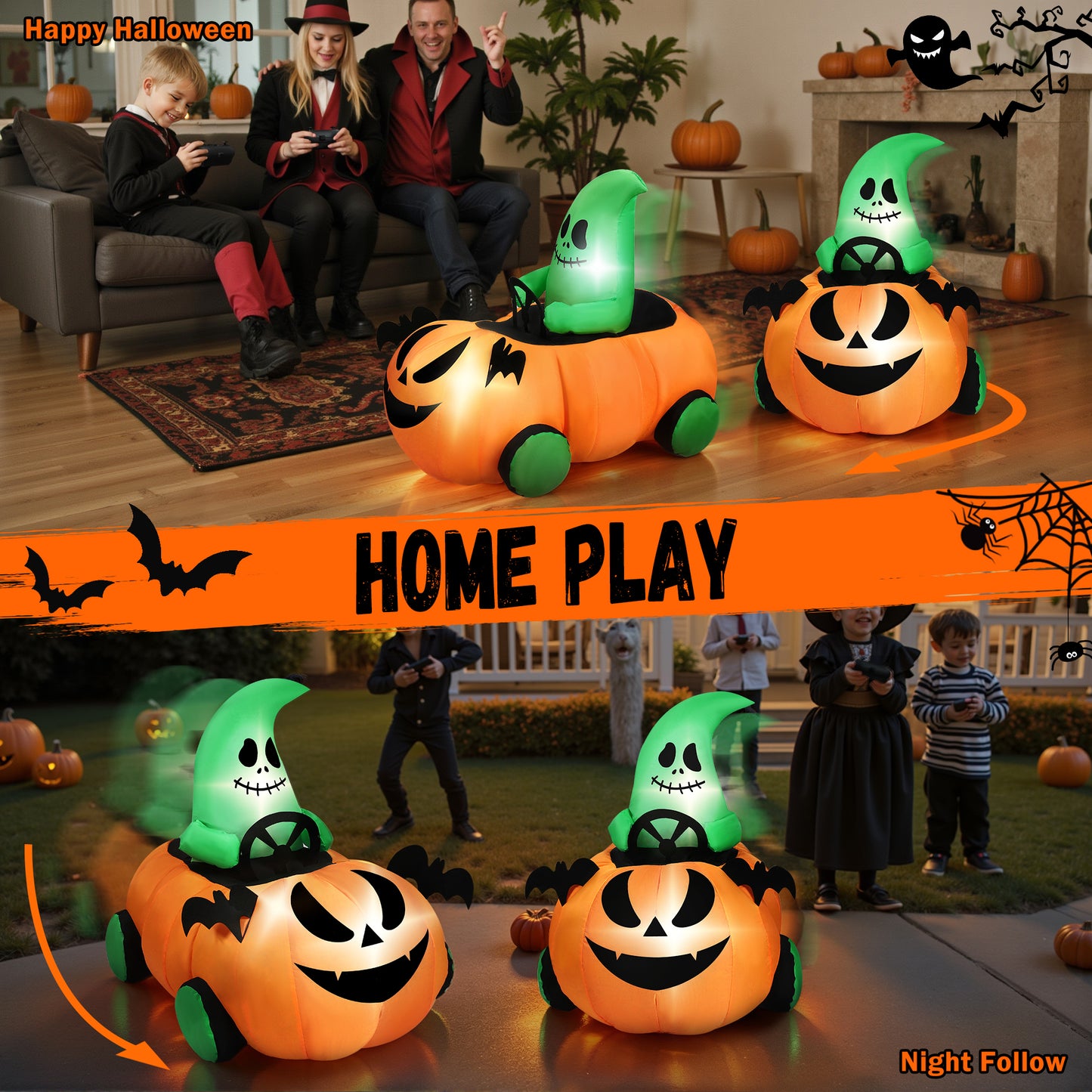 Firstness 2.6ft Halloween Inflatable with Music and Lights,Remote Control Pumpkin Ghost Car,Blow ups Rc Car,Indoor Outdoor,Orange Green
