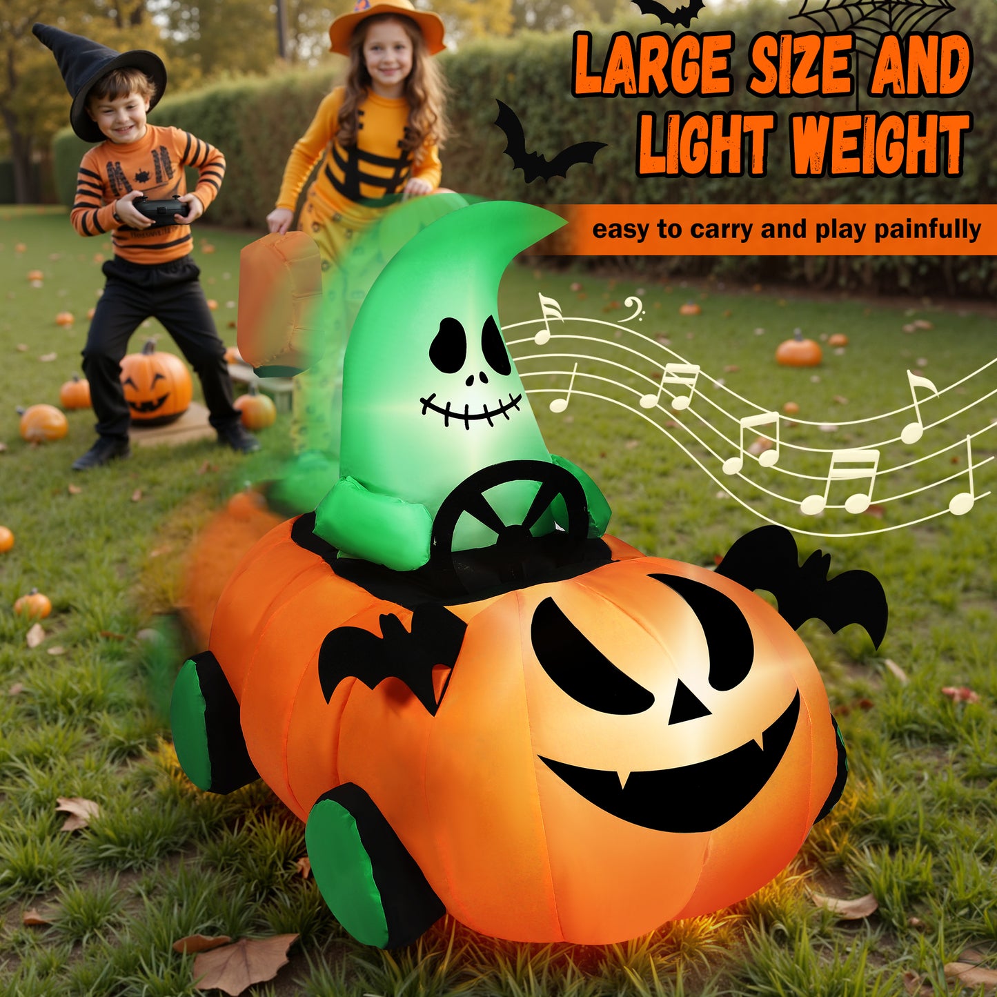 Firstness 2.6ft Halloween Inflatable with Music and Lights,Remote Control Pumpkin Ghost Car,Blow ups Rc Car,Indoor Outdoor,Orange Green