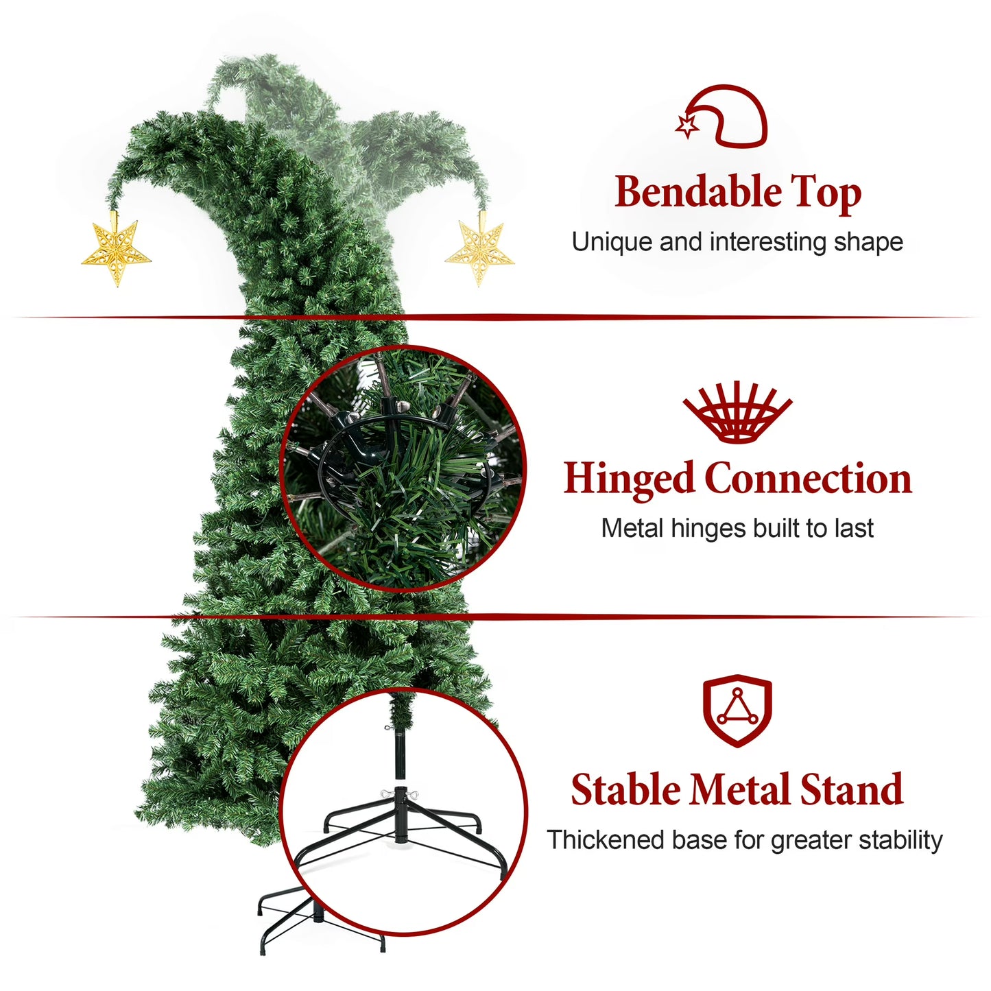 6/7.5FT Christmas Tree Crooked Neck, Prelit Artificial Xmas Tree with 600 Colorful Lights & 11 Modes, 1200 Branch Tips, PVC Bendable Top Christmas Tree for Home, Shop, Office, School Holiday Decor