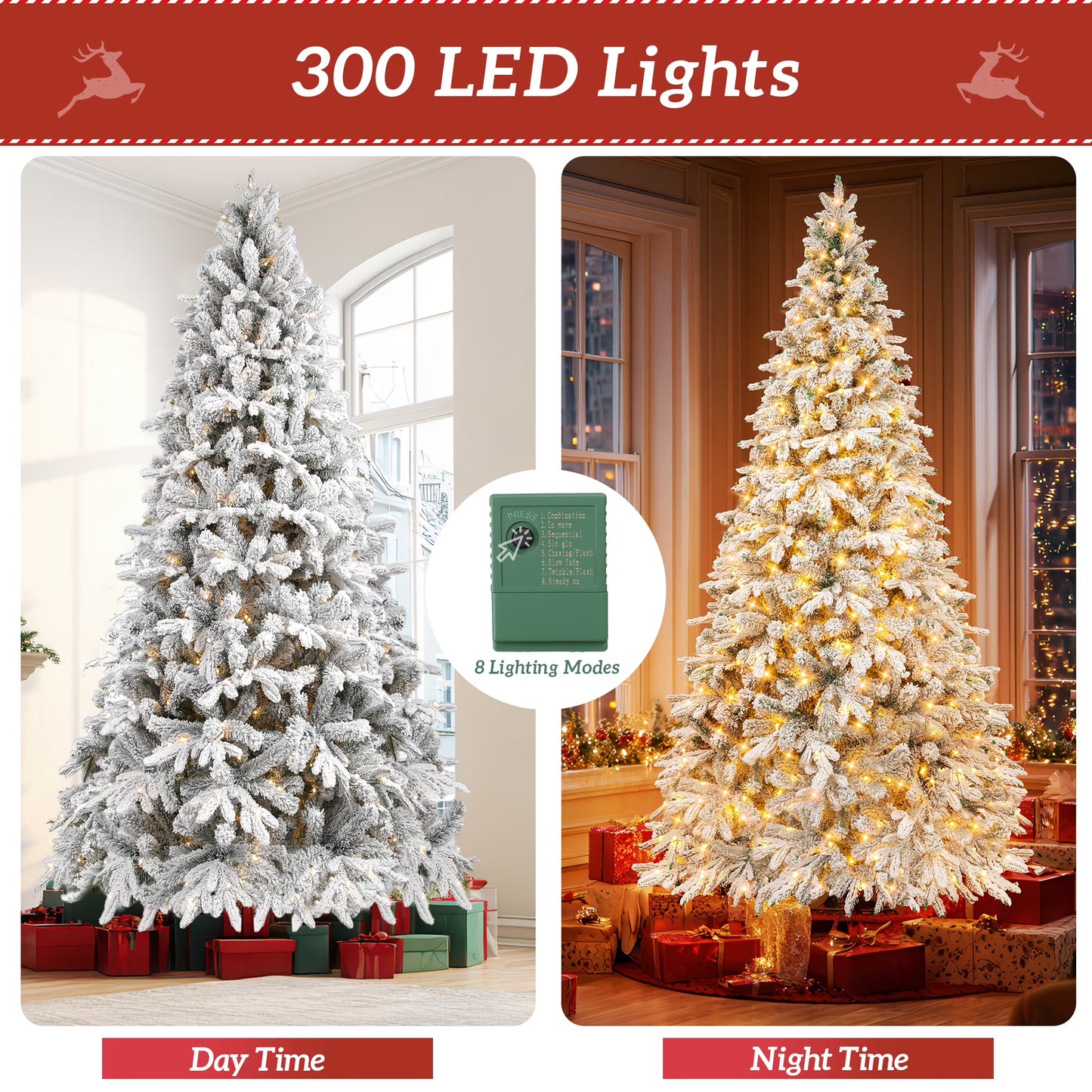 Firstness 6ft Pre-Lit Artificial Christmas Tree with 300 LED Lights,Snow Flocked Xmas Tree
