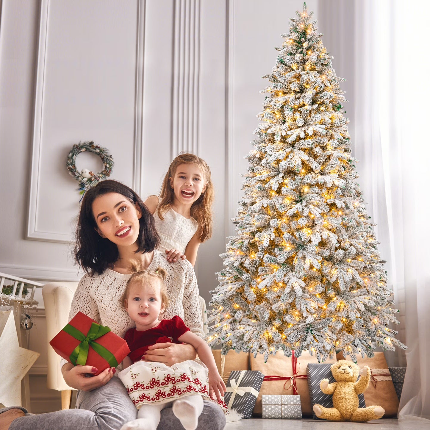 Firstness 6ft Pre-Lit Artificial Christmas Tree with 300 LED Lights,Snow Flocked Xmas Tree