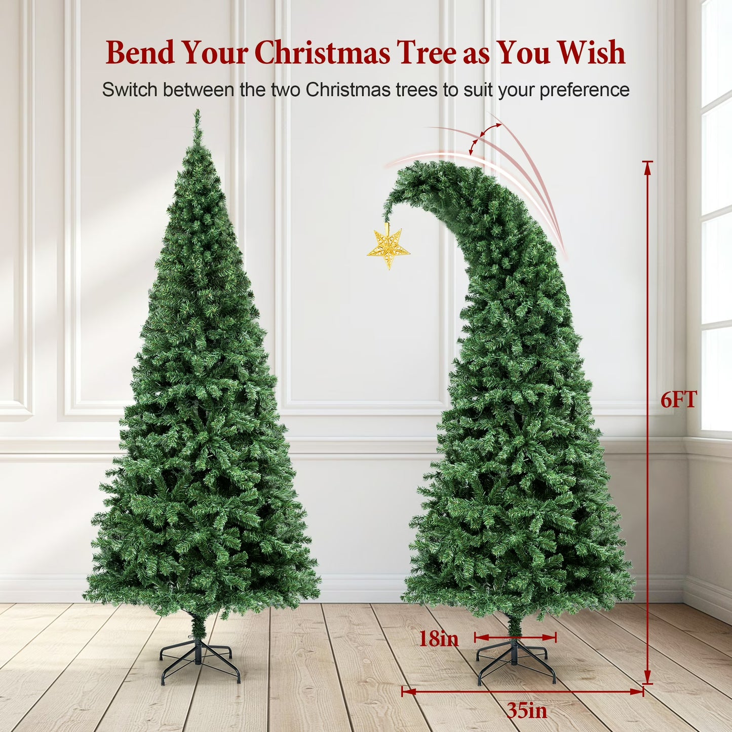 6/7.5FT Christmas Tree Crooked Neck, Prelit Artificial Xmas Tree with 600 Colorful Lights & 11 Modes, 1200 Branch Tips, PVC Bendable Top Christmas Tree for Home, Shop, Office, School Holiday Decor