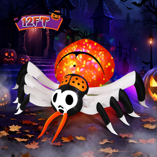 Firstness 12FT Halloween Inflatable Spider with Rotating Colorful LED Lights Outdoor Decorations for Yard Party