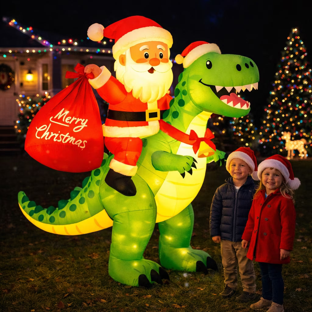 Firstness 6ft Christmas Inflatable Outdoor Decoration with LED Lights, Christmas Blow ups Santa Claus Dinosaur Blow up Xmas Decor for Party Yard Garden Lawn