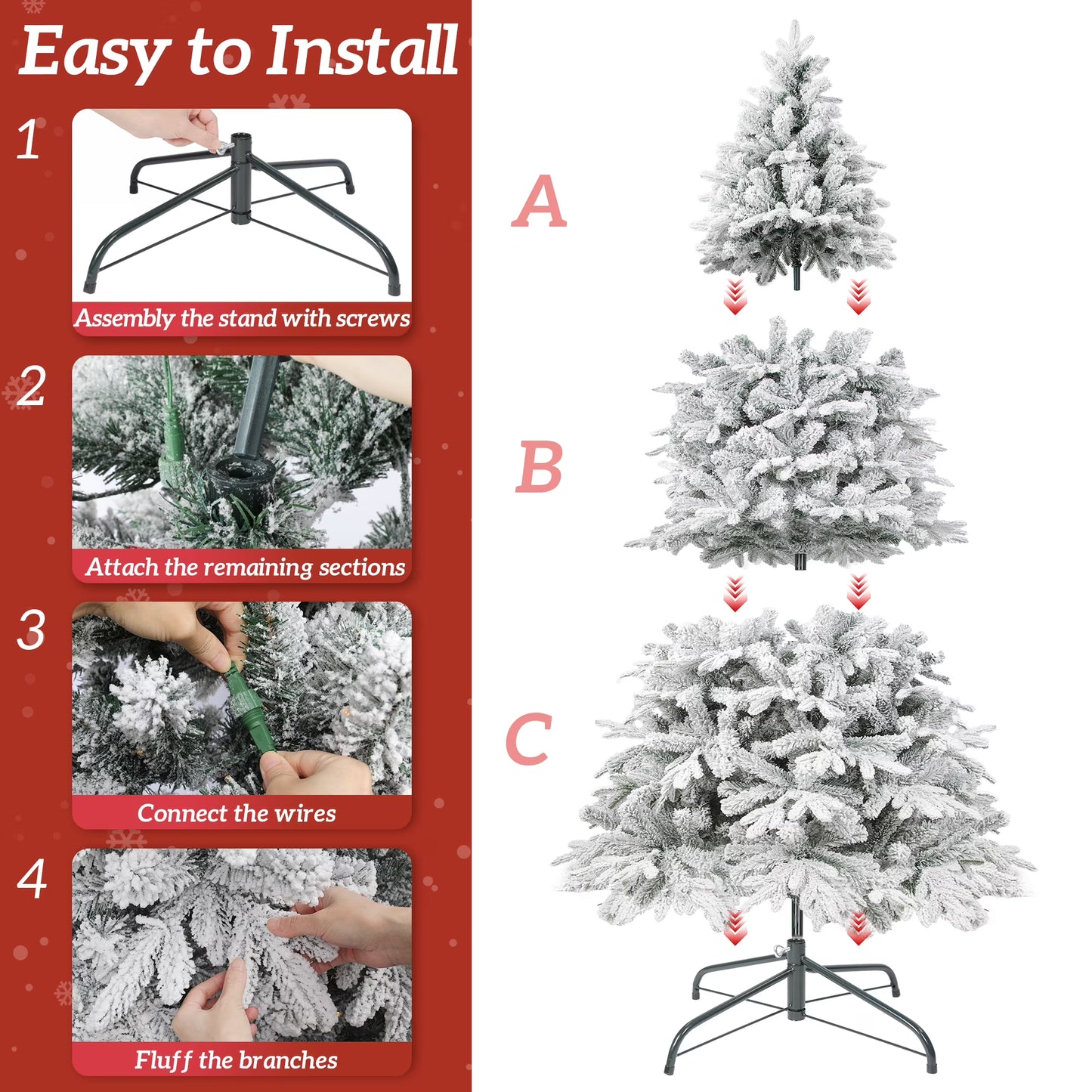 Firstness 6ft Pre-Lit Artificial Christmas Tree with 300 LED Lights,Snow Flocked Xmas Tree
