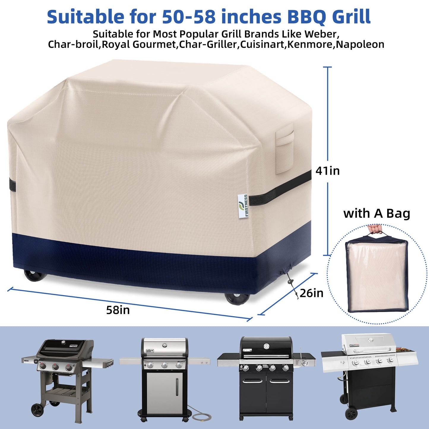 Firstness Patio BBQ Grill Cover 58 inch，420D Heavy-Duty Waterproof Outdoor Gas Grill Cover for Weber Char-Broil Nexgrill and More Grills( Beige and Navy)