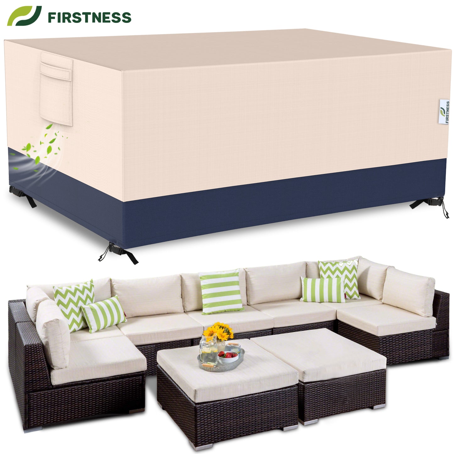 Firstness Patio Furniture Cover Waterproof,600D Oxford Fabric Outdoor Rectangular Furniture Set Table Covers(Beige & Brown)