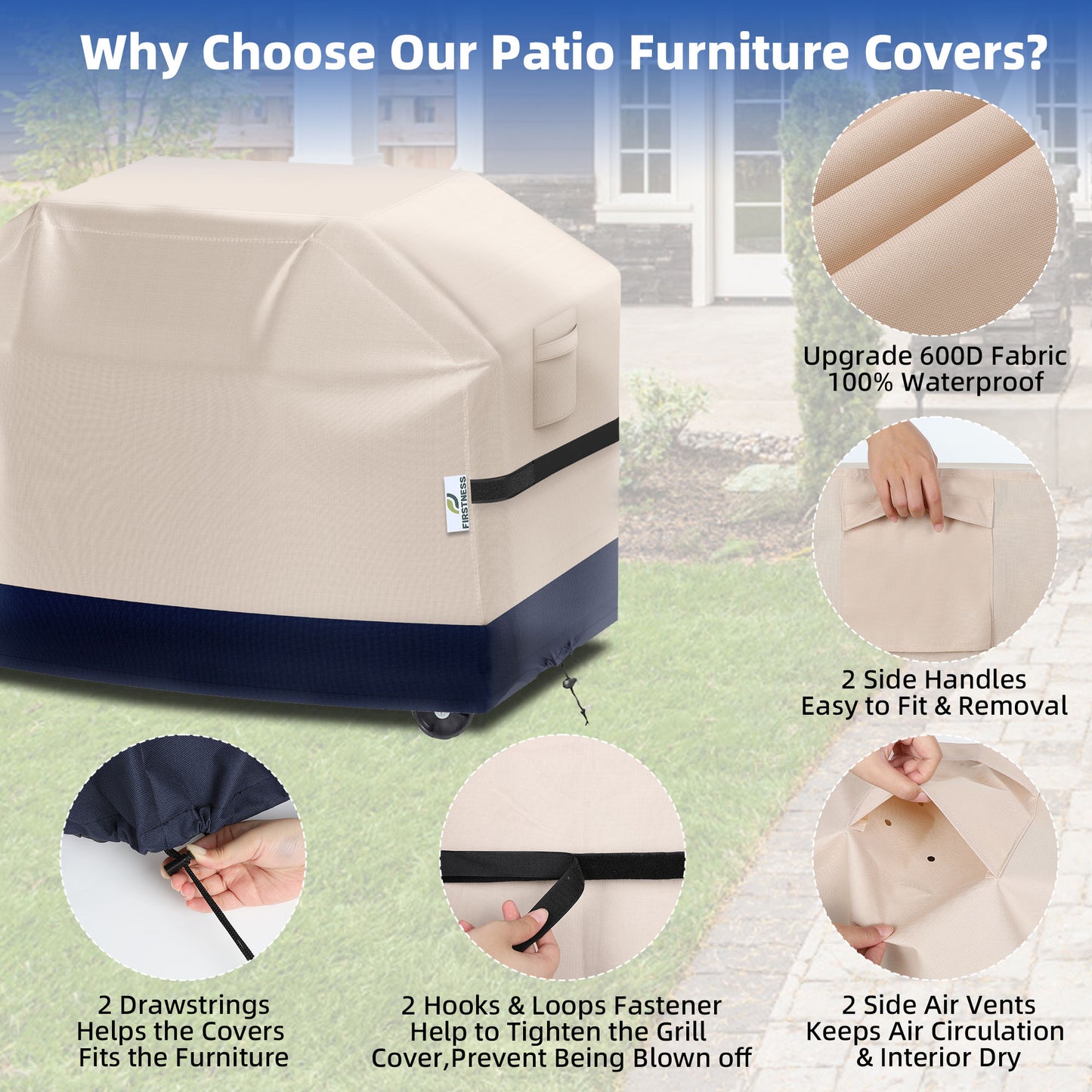 Firstness Patio BBQ Grill Cover 58 inch，420D Heavy-Duty Waterproof Outdoor Gas Grill Cover for Weber Char-Broil Nexgrill and More Grills( Beige and Navy)