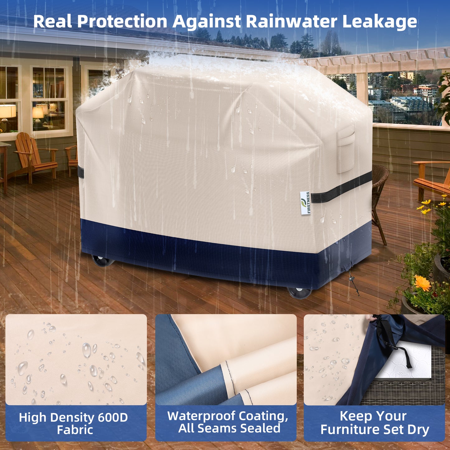 Firstness Patio BBQ Grill Cover 58 inch，420D Heavy-Duty Waterproof Outdoor Gas Grill Cover for Weber Char-Broil Nexgrill and More Grills( Beige and Navy)