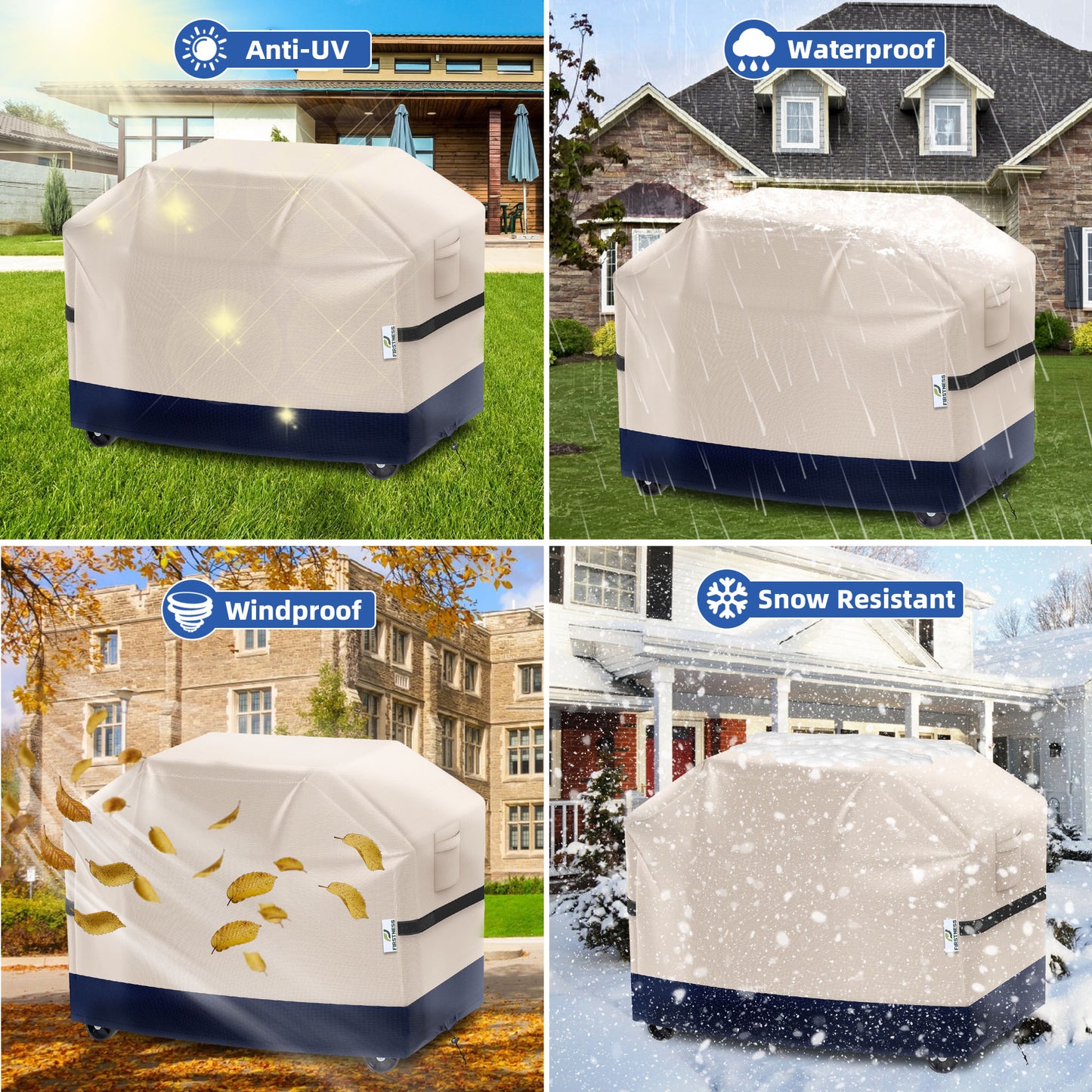 Firstness Patio BBQ Grill Cover 58 inch，420D Heavy-Duty Waterproof Outdoor Gas Grill Cover for Weber Char-Broil Nexgrill and More Grills( Beige and Navy)