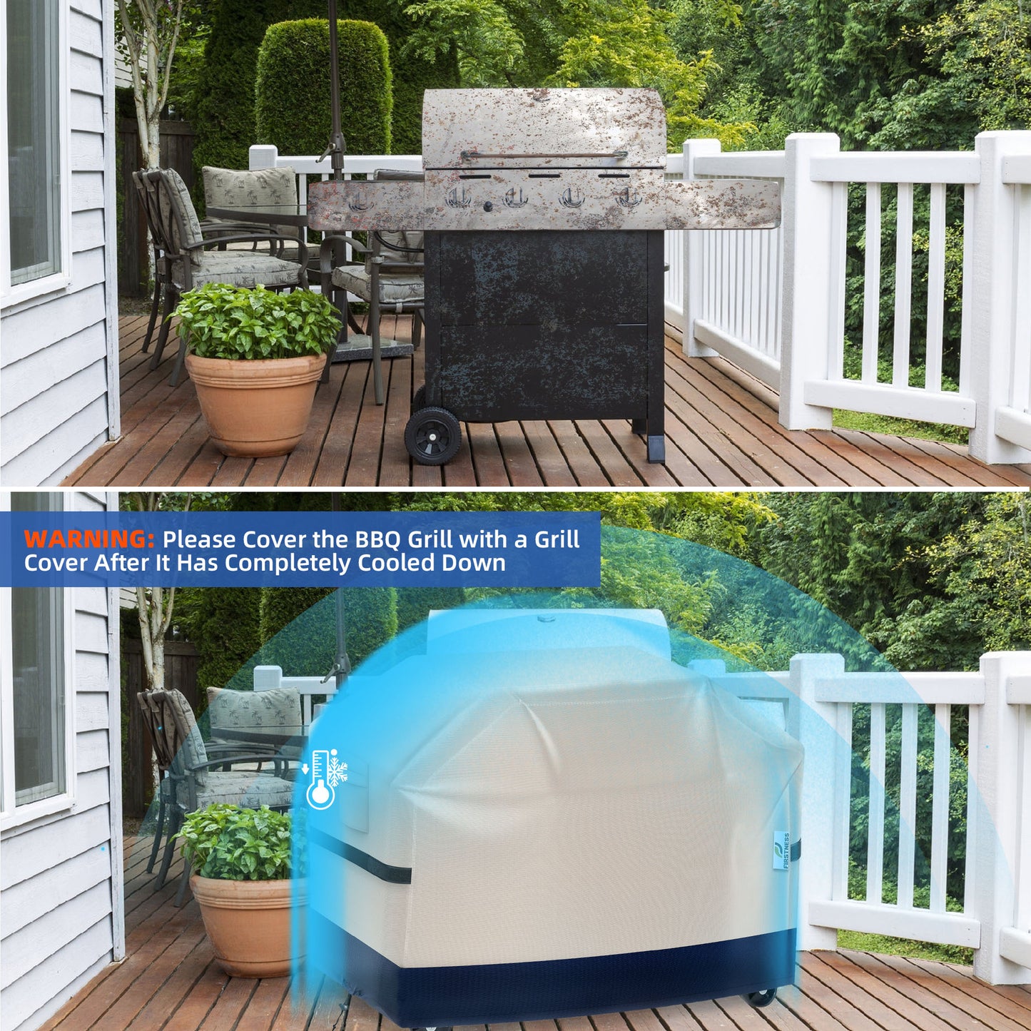 Firstness Patio BBQ Grill Cover 58 inch，420D Heavy-Duty Waterproof Outdoor Gas Grill Cover for Weber Char-Broil Nexgrill and More Grills( Beige and Navy)