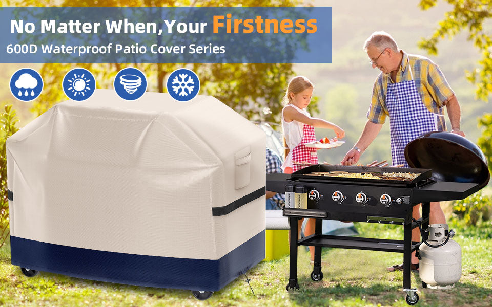 Firstness Patio BBQ Grill Cover 58 inch，420D Heavy-Duty Waterproof Outdoor Gas Grill Cover for Weber Char-Broil Nexgrill and More Grills( Beige and Navy)
